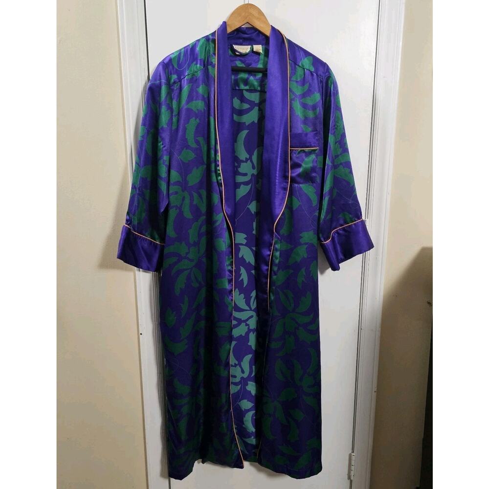 VTG 90s Victoria's Secret Gold Label Green Purple Floral Gold Piping Robe Sz P/S